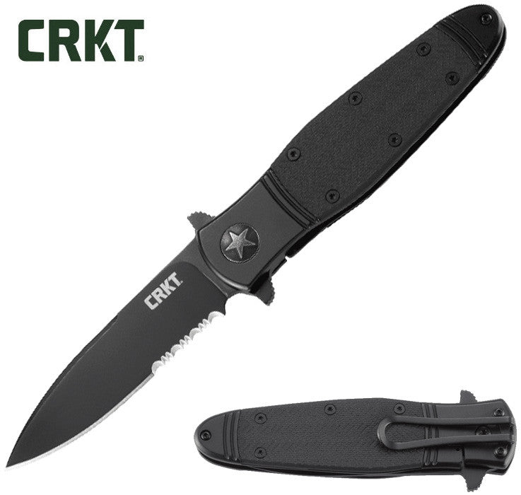 CRKT Bombastic Black Serrated 3.3" IKBS Folding Knife with Flipper - Ken Onion Design - K345KKS