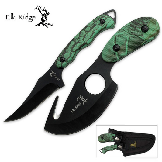 Elk Ridge 2-Piece Skinning & Gut Hook Fixed Blade Knife Set with Sheath
