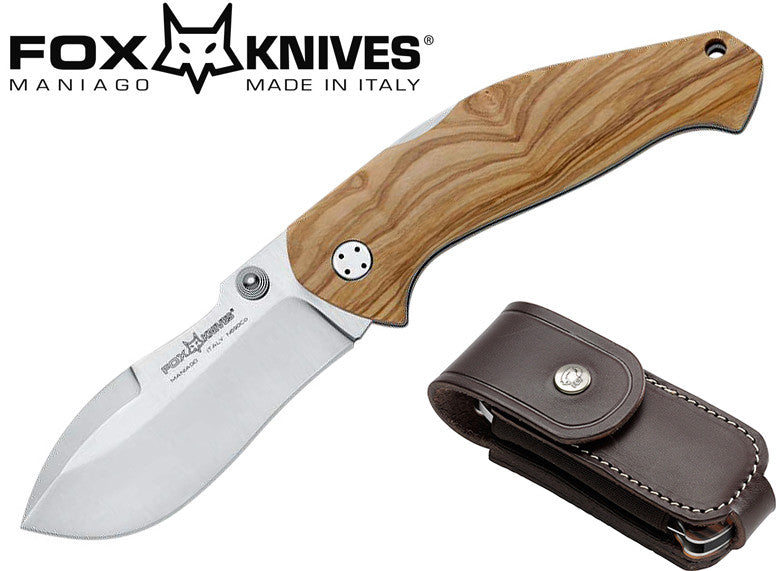 Fox Knives Mojo 3.54" Olive Wood Folding Knife with Leather Pouch - Ansø Design FX-306 OL