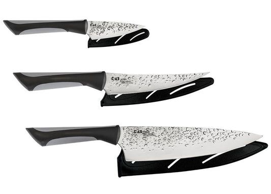 KAI Luna 3 Piece Essential Kitchen Knife Set with Hammered Finish and Sheath ABS0370