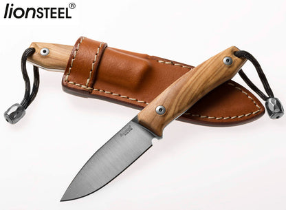 LionSteel M1 2.91" M390 Olive Wood Fixed Blade Knife with Leather Sheath and Titanium Bead