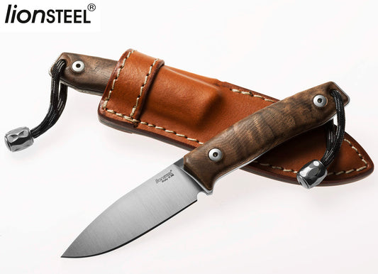 LionSteel M1 2.91" M390 Walnut Wood Fixed Blade Knife with Leather Sheath and Titanium Bead