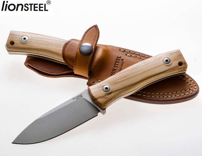 LionSteel M4 3.74" M390 Olive Wood Fixed Blade Bushcraft Knife with Leather Sheath