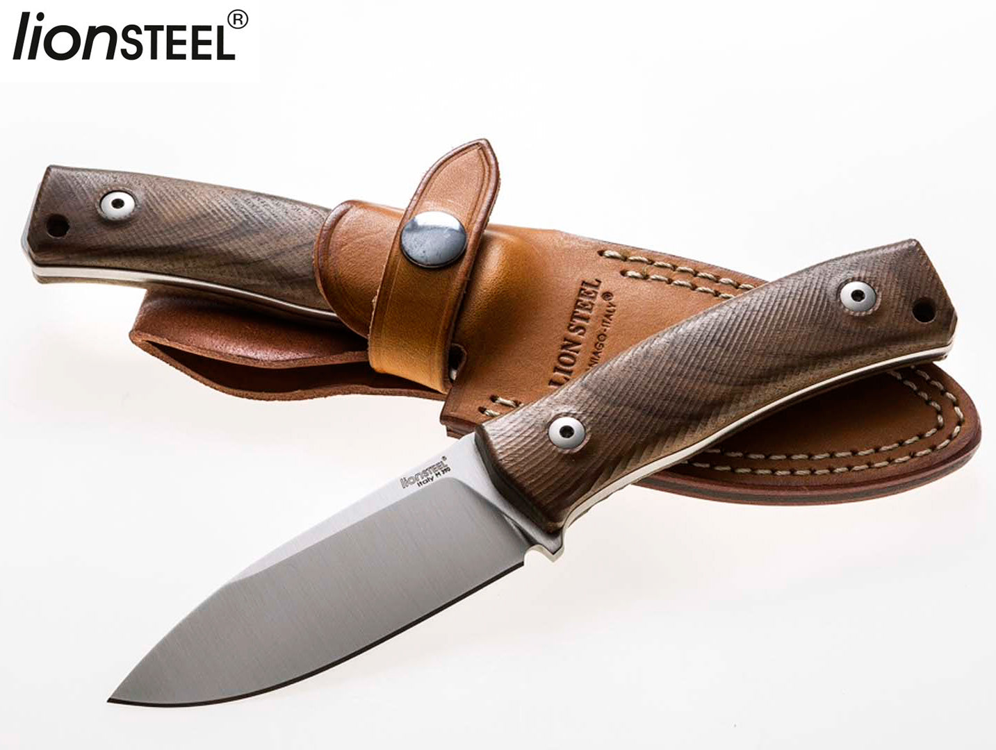 LionSteel M4 3.74" M390 Walnut Wood Fixed Blade Bushcraft Knife with Leather Sheath