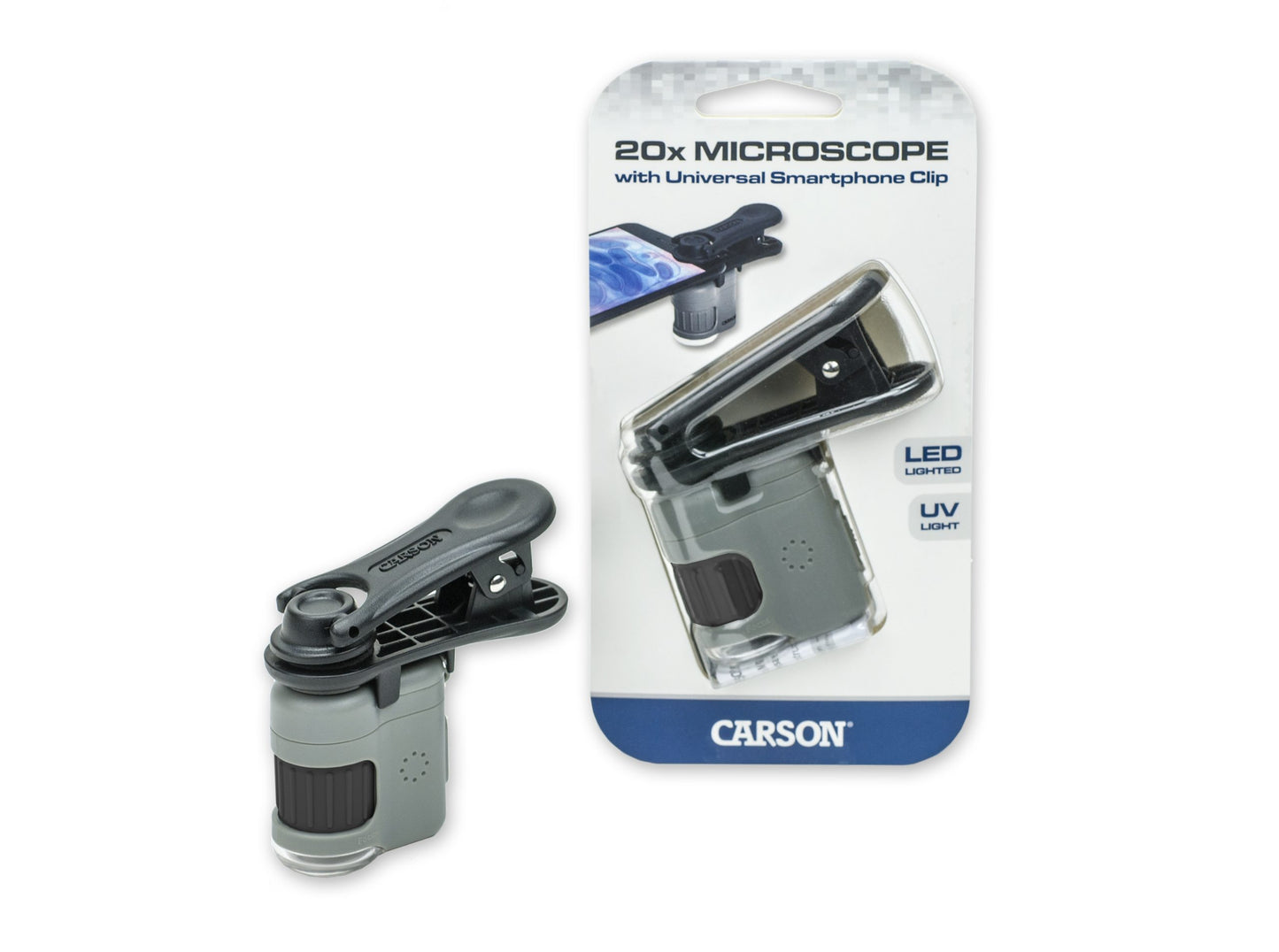 Carson MicroMini 20x LED Lighted Pocket Microscope with Built-in LED and UV Flashlight, Smartphone Digiscoping Adapter Clip MM-380