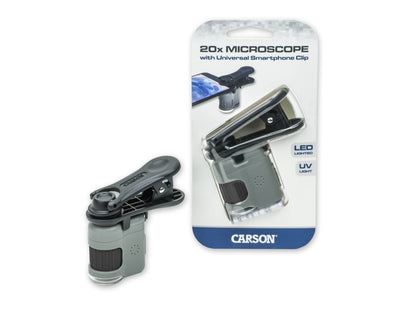 Carson MicroMini 20x LED Lighted Pocket Microscope with Built-in LED and UV Flashlight, Smartphone Digiscoping Adapter Clip MM-380