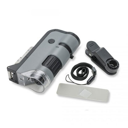 Carson MicroFlip™ 100x-250x LED, UV Lighted Pocket Microscope, Flip Down Slide Base, Smartphone Digiscoping Clip MP-250