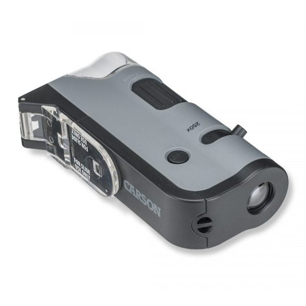 Carson MicroFlip™ 100x-250x LED, UV Lighted Pocket Microscope, Flip Down Slide Base, Smartphone Digiscoping Clip MP-250