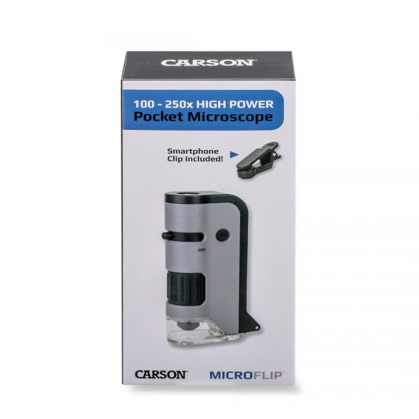 Carson MicroFlip™ 100x-250x LED, UV Lighted Pocket Microscope, Flip Down Slide Base, Smartphone Digiscoping Clip MP-250