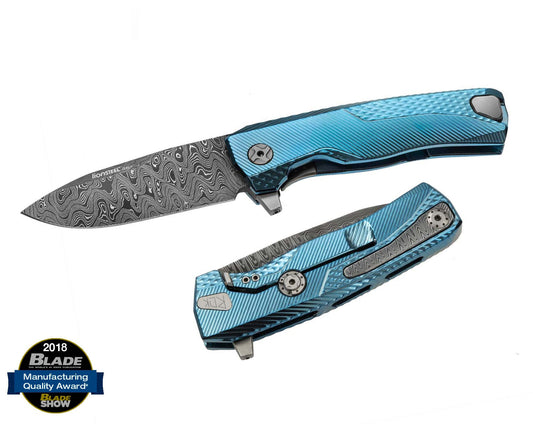 LionSteel ROK 3.39" Chad Nichols Scrambled Damascus Blue Titanium Hidden Clip Folding Knife ROK DD BL