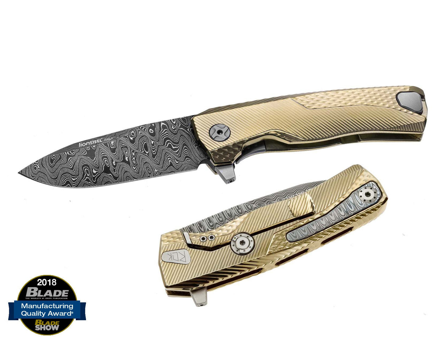 LionSteel ROK 3.39" Chad Nichols Scrambled Damascus Gold Titanium Hidden Clip Folding Knife ROK DD GL