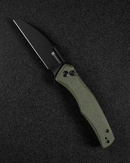 Sencut Watauga 3.48" Black Stonewashed D2 Dark Green Micarta Button Lock Folding Knife S21011-2