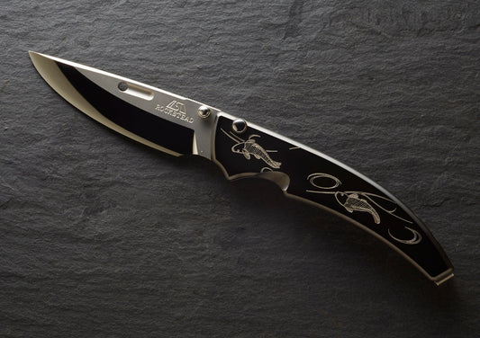 Rockstead SHU-ZDP KOI 3.2" Polished ZDP189 Folding Knife with Engraved DLC Titanium Handle