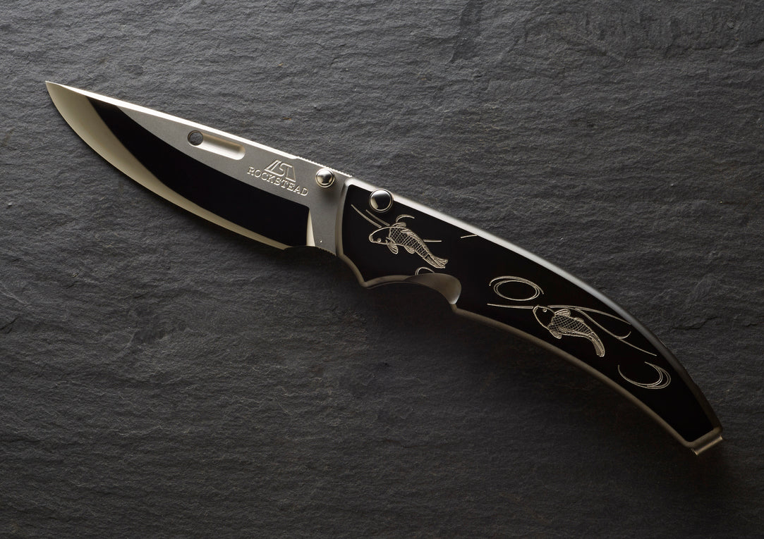 Rockstead SHU CB-ZDP KOI 3.2" Polished ZDP189 Folding Knife with Engraved DLC Titanium Handle