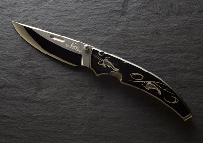 Rockstead SHU CB-ZDP KOI 3.2" Polished ZDP189 Folding Knife with Engraved DLC Titanium Handle