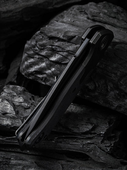 WE Press Check 3.15" CPM-20CV Black Stonewashed Titanium G10 Folding Knife by Allen Elishewitz WE20078A-1
