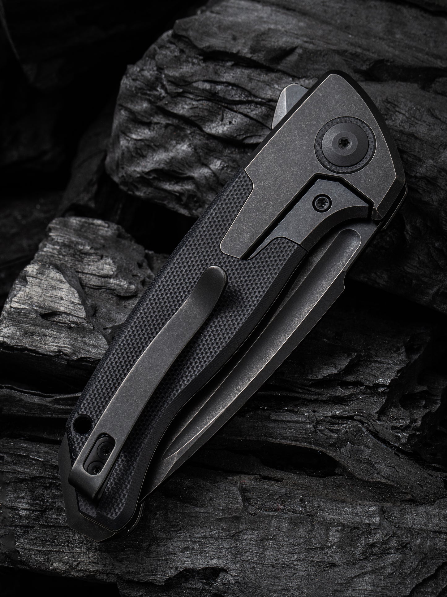 WE Press Check 3.15" CPM-20CV Black Stonewashed Titanium G10 Folding Knife by Allen Elishewitz WE20078A-1