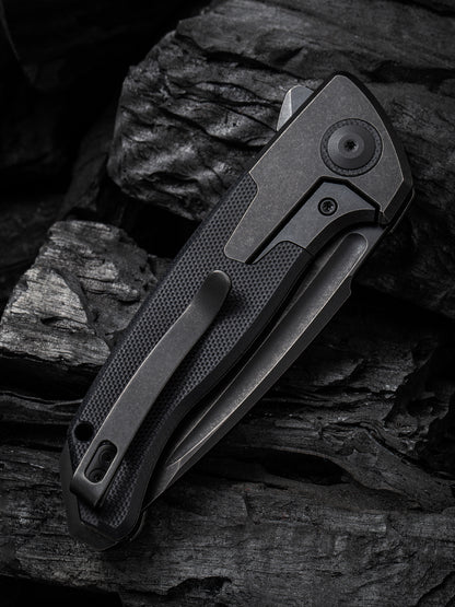 WE Press Check 3.15" CPM-20CV Black Stonewashed Titanium G10 Folding Knife by Allen Elishewitz WE20078A-1