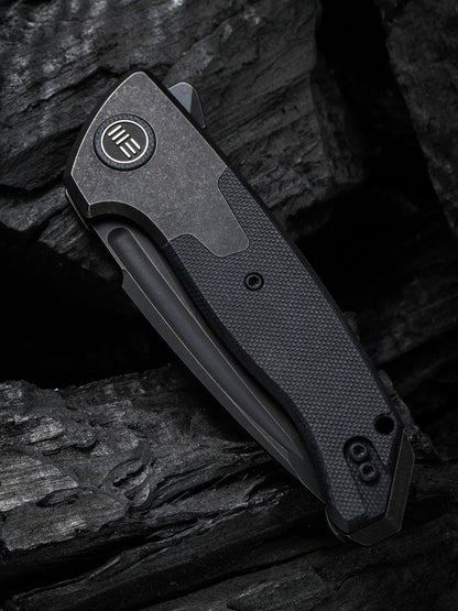 WE Press Check 3.15" CPM-20CV Black Stonewashed Titanium G10 Folding Knife by Allen Elishewitz WE20078A-1