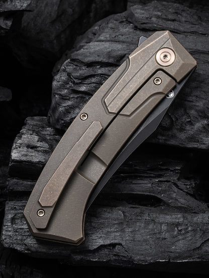 WE Knife Shuddan 3.48" Black Stonewashed CPM 20CV Bronze Titanium Folding Knife by Rafal Brzeski WE21015-3