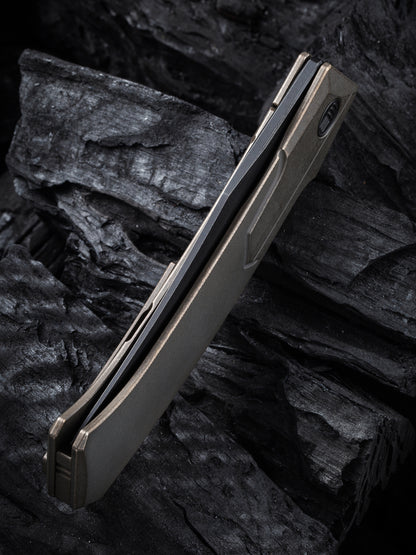 WE Knife Shuddan 3.48" Black Stonewashed CPM 20CV Bronze Titanium Folding Knife by Rafal Brzeski WE21015-3