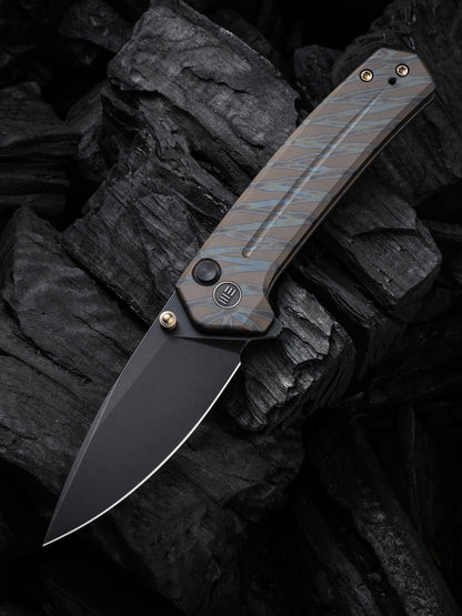 WE Culex 2.97" CPM-20CV Black Tiger Stripe Flamed Titanium Button-Lock Folding Knife WE21026B-7