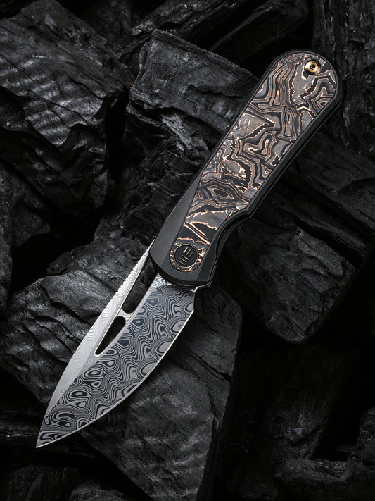 WE Baloo 3.31" Hakkapella Damasteel Copper Foil Carbon Fiber Titanium Folding Knife by Ostap Hel WE21033-DS1