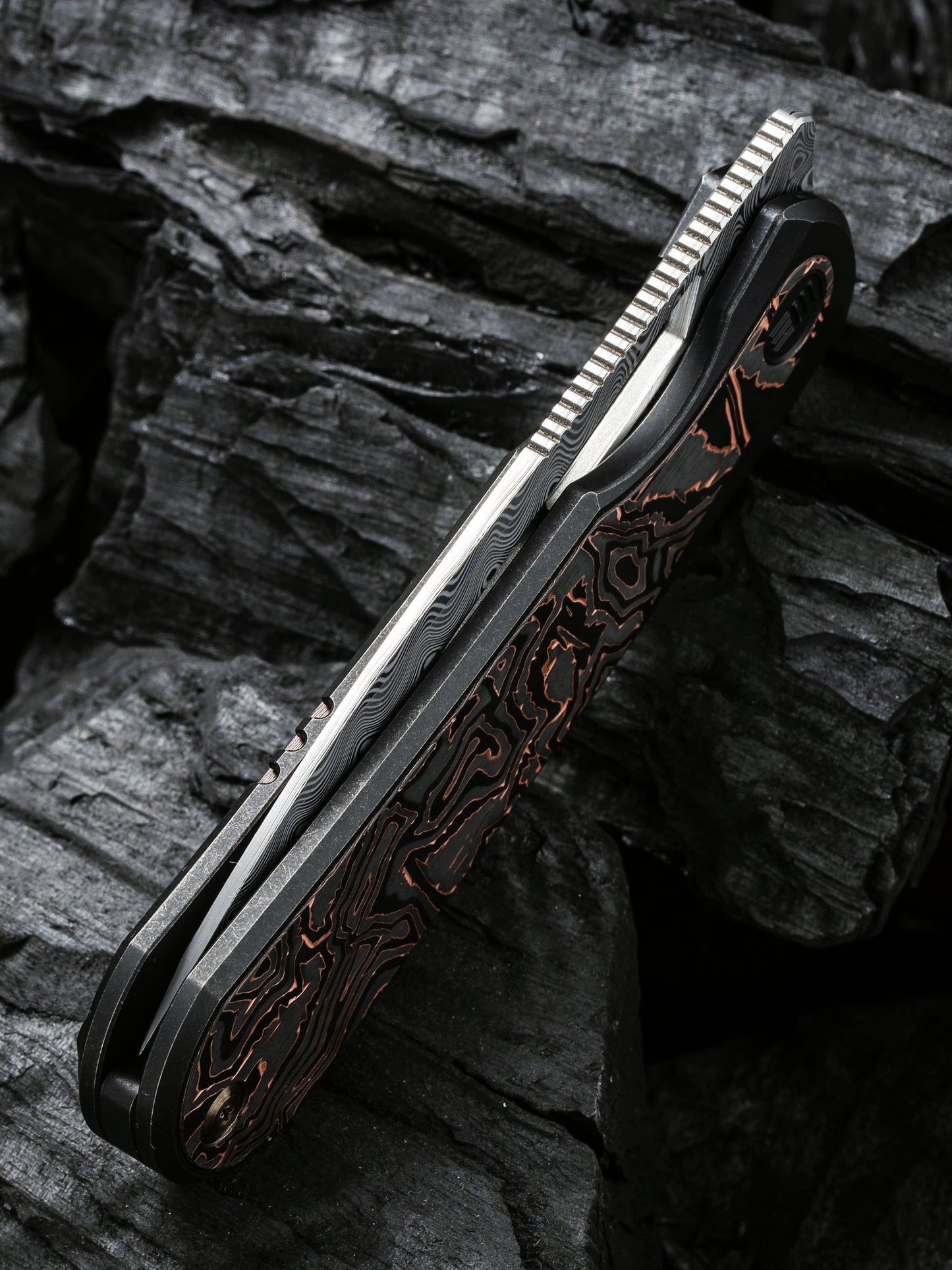 WE Baloo 3.31" Hakkapella Damasteel Copper Foil Carbon Fiber Titanium Folding Knife by Ostap Hel WE21033-DS1