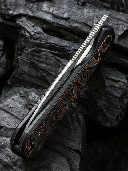 WE Baloo 3.31" Hakkapella Damasteel Copper Foil Carbon Fiber Titanium Folding Knife by Ostap Hel WE21033-DS1