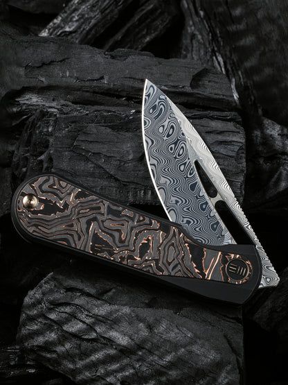 WE Baloo 3.31" Hakkapella Damasteel Copper Foil Carbon Fiber Titanium Folding Knife by Ostap Hel WE21033-DS1