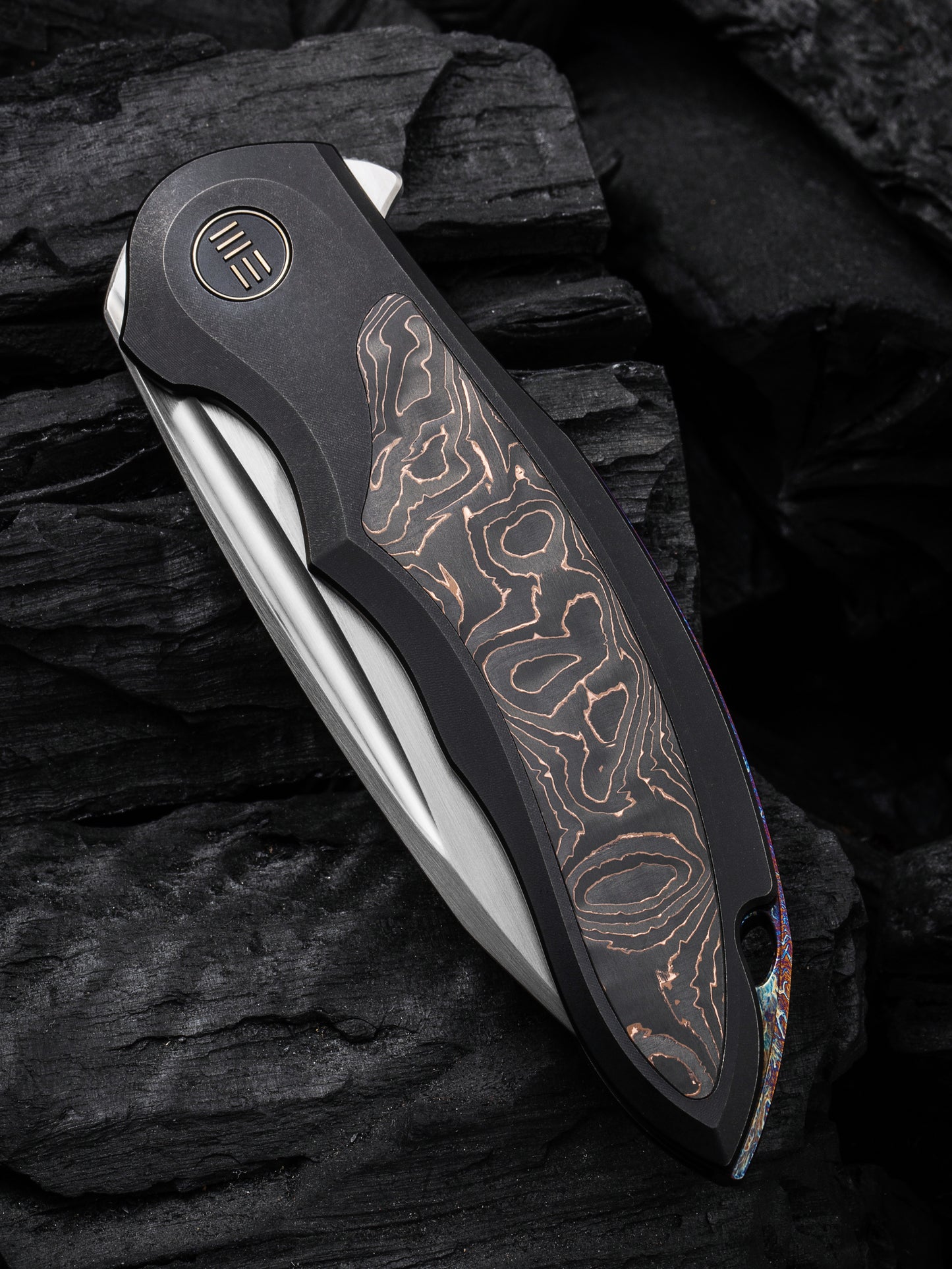 WE Makani Limited Edition 3.61" CPM 20CV Black Titanium Copper Foil Carbon Fiber Folding Knife by Anton Tkachenko WE21048B-1