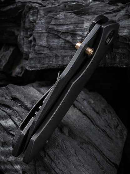 WE Knife High-Fin 2.98" CPM 20CV Black Stonewash Titanium Folding Knife WE22005-1