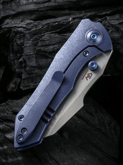 WE Knife High-Fin 2.98" CPM 20CV Blue Titanium Folding Knife WE22005-3