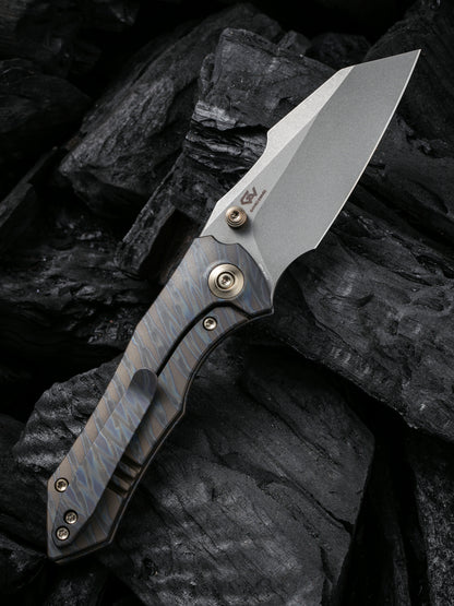 WE Knife High-Fin 2.98" CPM 20CV Tiger Stripe Flamed Titanium Folding Knife WE22005-4