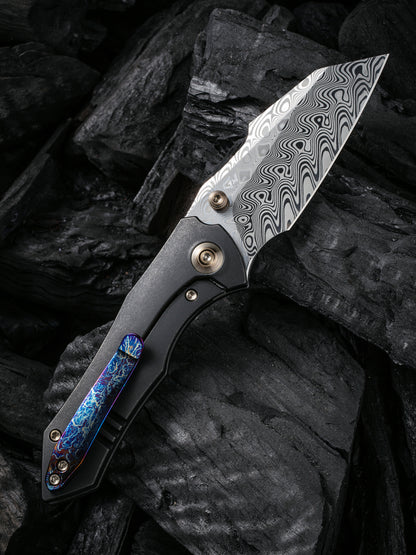 WE Knife High-Fin 2.98" Hakkapella Damasteel Titanium Folding Knife WE22005-DS1