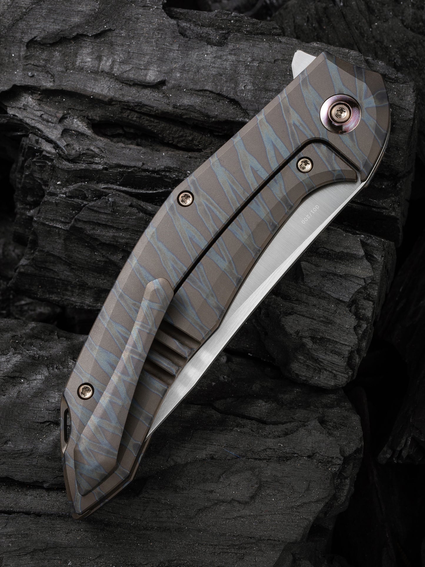 WE Merata Limited Edition 3.68" CPM 20CV Tiger Stripe Flamed Titanium Folding Knife by Anton Tkachenko WE22008A-3