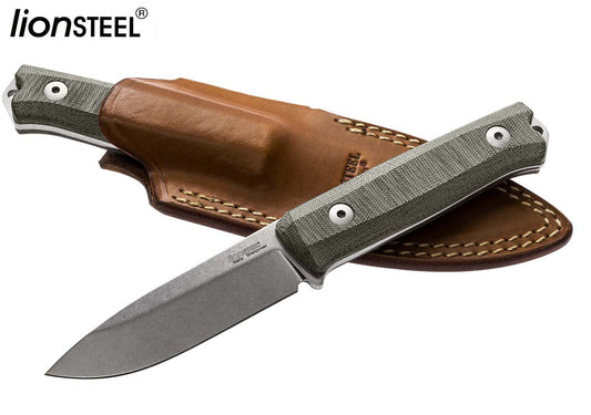 LionSteel B40 Bushcraft 3.86" Sleipner Green Canvas Micarta Fixed Blade Knife with Leather Sheath