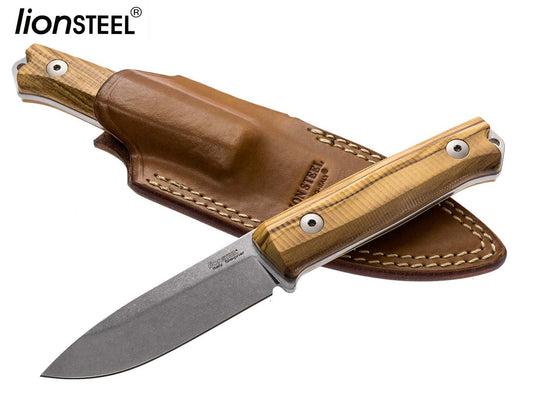 LionSteel B40 Bushcraft 3.86" Sleipner Olive Wood Fixed Blade Knife with Leather Sheath