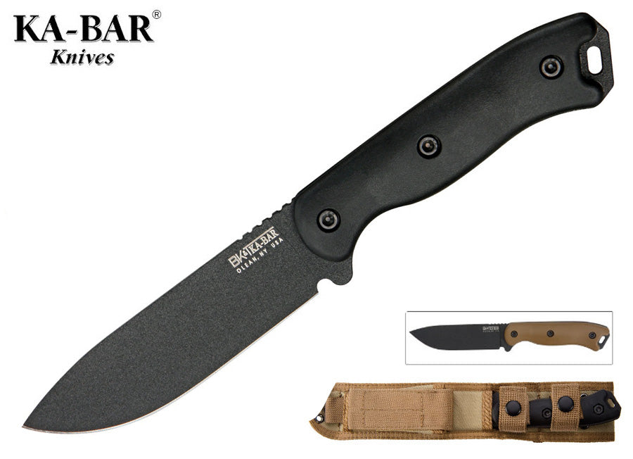 KA-BAR Short Becker Drop Point 4.375" Fixed Blade Knife with Cordura Sheath and Extra Tan Handles BK16