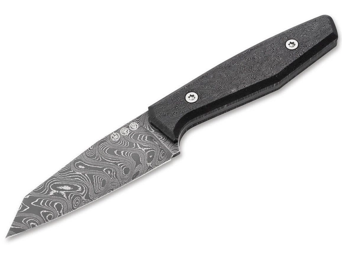 Boker Solingen AK1 Damast 3.11" Chad Nichols Boomerang Damascus Fat Carbon Space-Coral Silver Fixed Blade Knife 122509DAM