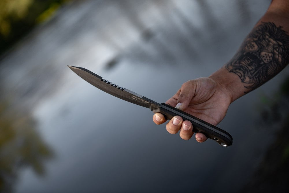 TOPS Knives Brush Wolf 6.5" Tungsten Cerakote Canvas Micarta Fixed Blade Knife with Leather Sheath BWLF-02