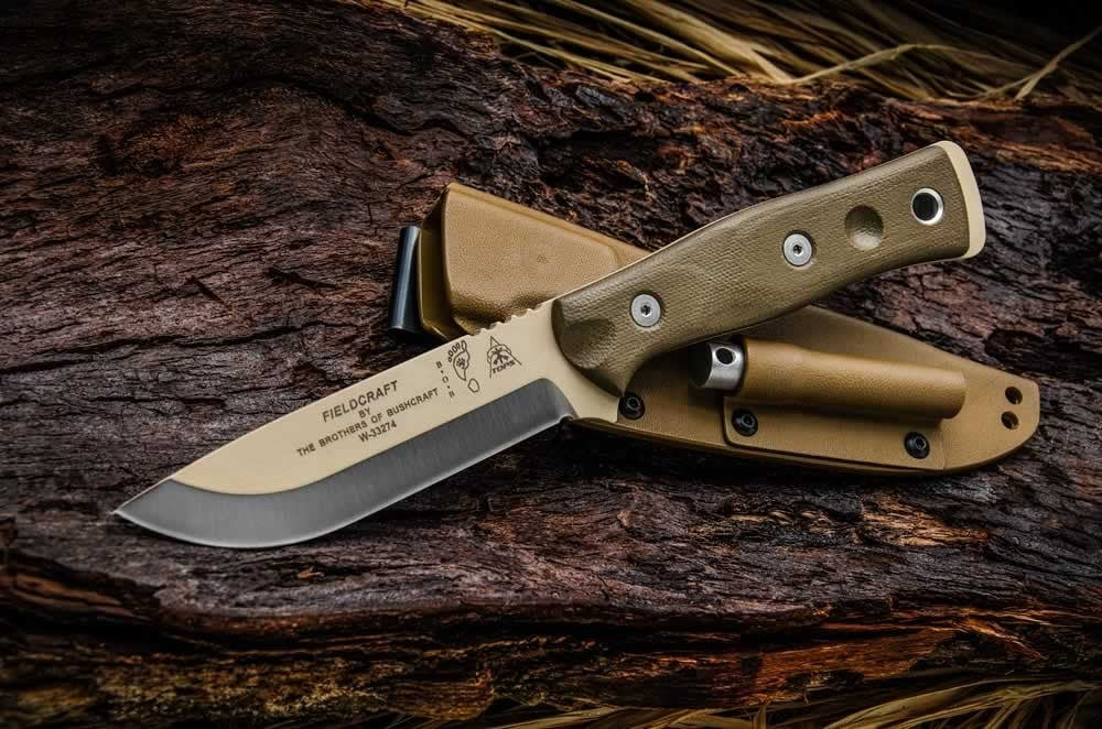 TOPS Knives Fieldcraft Knife by Brothers of Bushcraft - Coyote Tan with Green Canvas Micarta Handle