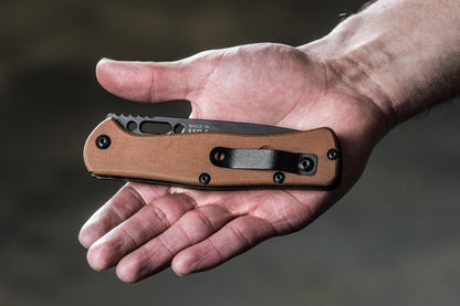 TOPS Fieldcraft Folder 4.38" 1095 Tan Canvas Micarta Folding Knife with Leather Sheath FCF-01