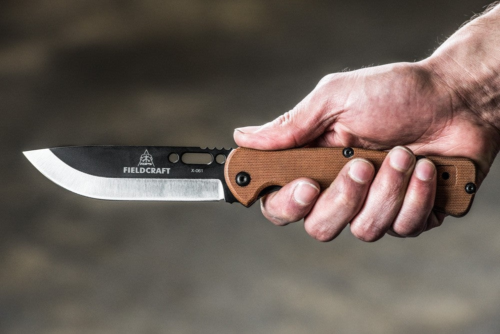 TOPS Fieldcraft Folder 4.38" 1095 Tan Canvas Micarta Folding Knife with Leather Sheath FCF-01
