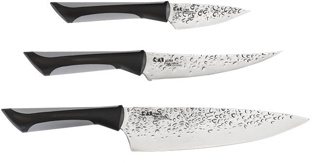 KAI Luna 3 Piece Essential Kitchen Knife Set with Hammered Finish and Sheath ABS0370