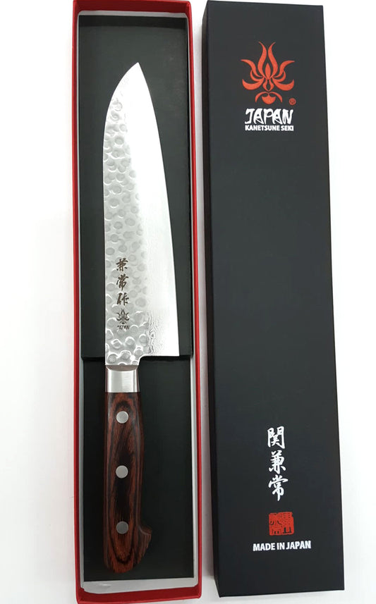 Kanetsune Classic Santoku 7.28" VG-10/Damascus San-Mai Mahogany Kitchen Knife - Made in Japan KC-903