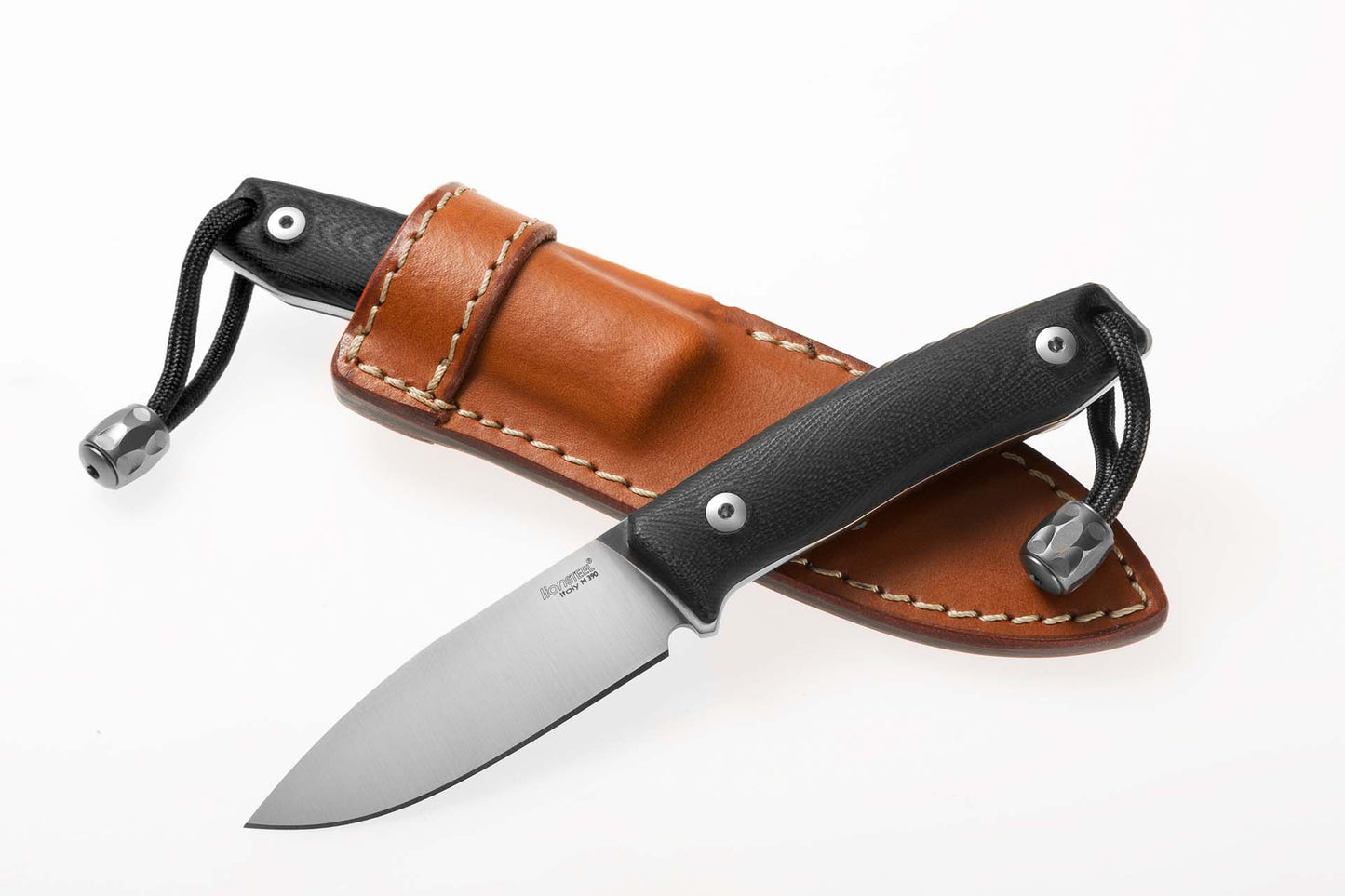 LionSteel M1 2.91" M390 Black G10 Fixed Blade Knife with Leather Sheath and Titanium Bead