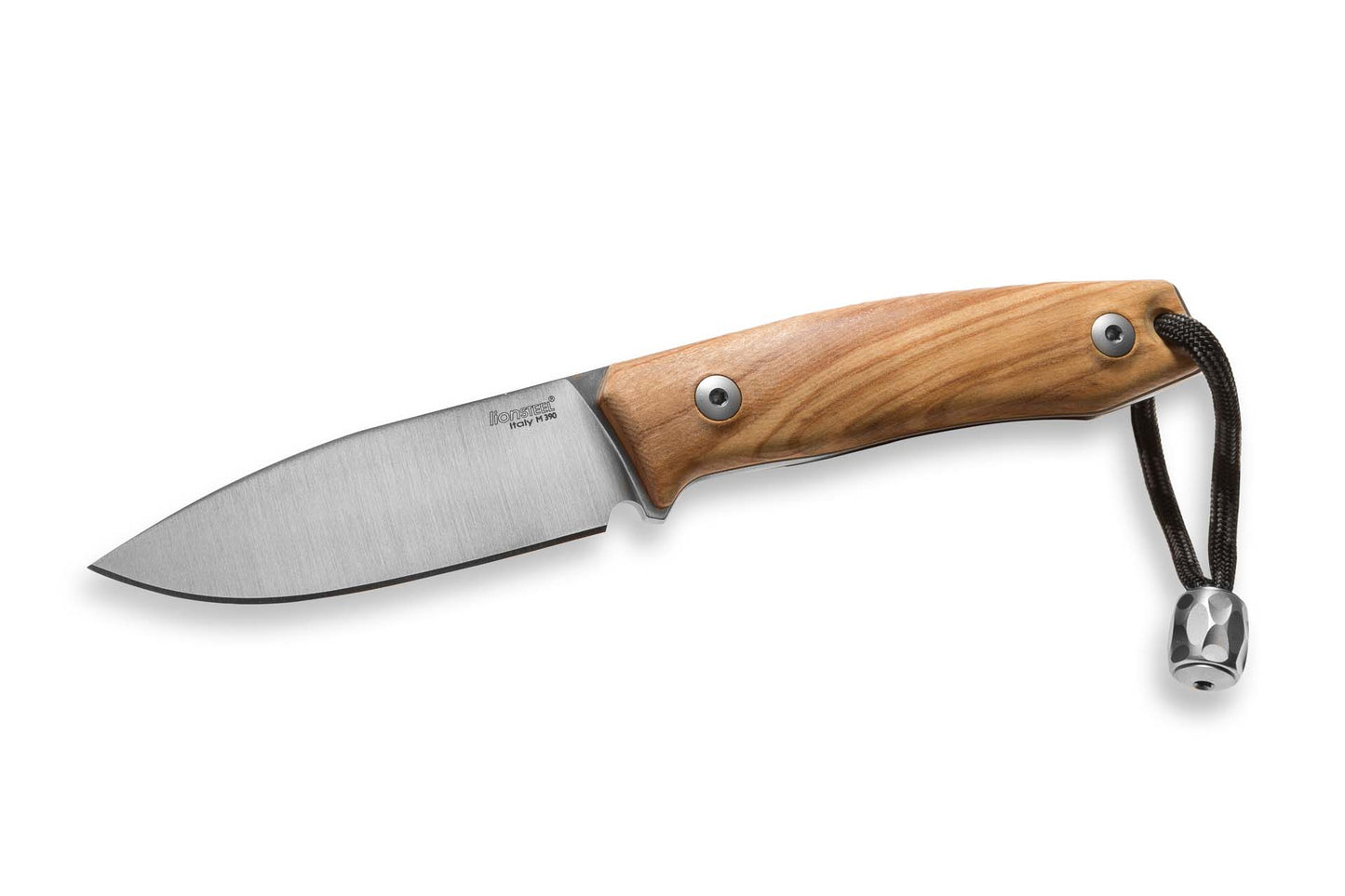 LionSteel M1 2.91" M390 Olive Wood Fixed Blade Knife with Leather Sheath and Titanium Bead