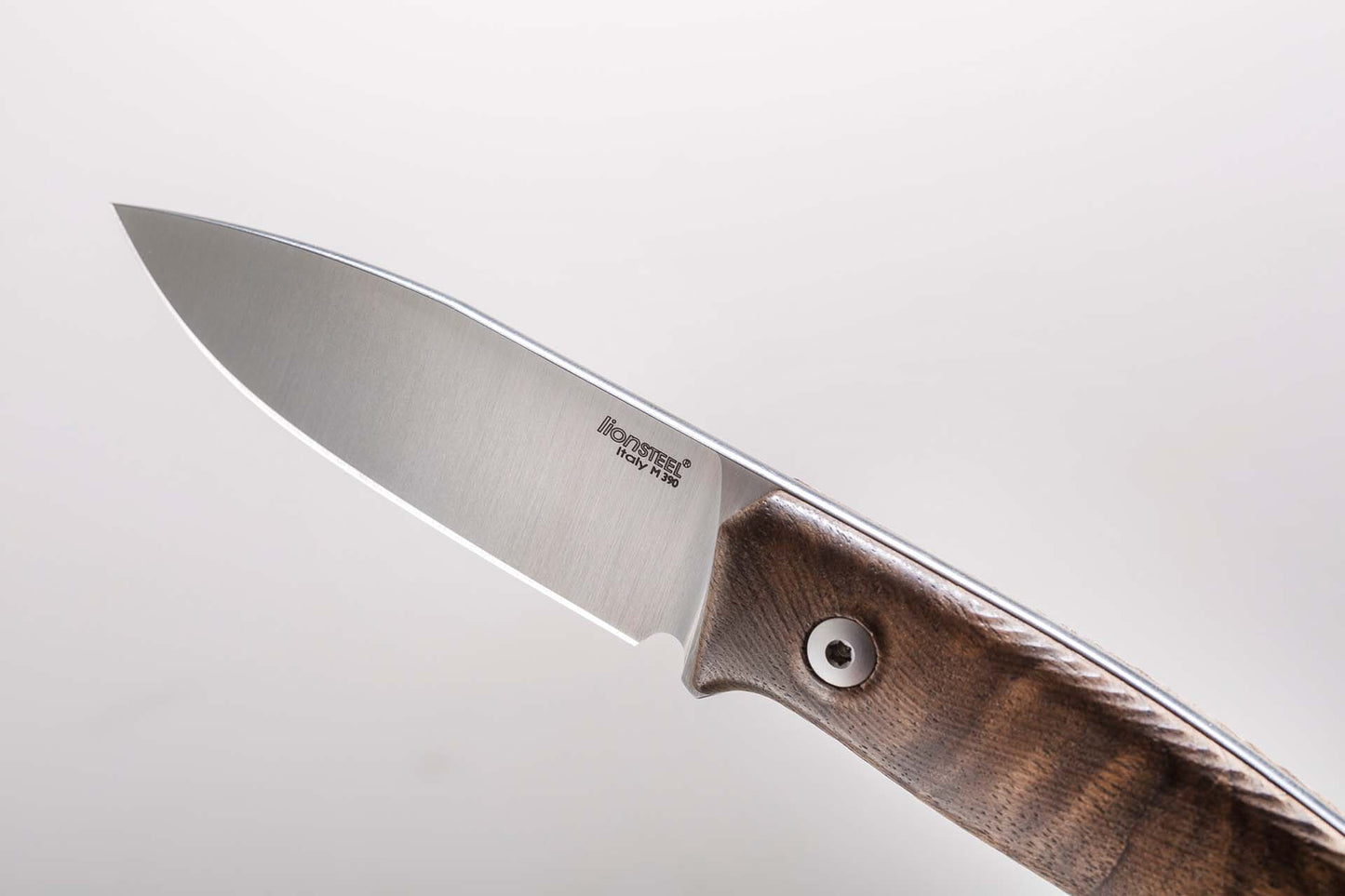 LionSteel M1 2.91" M390 Walnut Wood Fixed Blade Knife with Leather Sheath and Titanium Bead