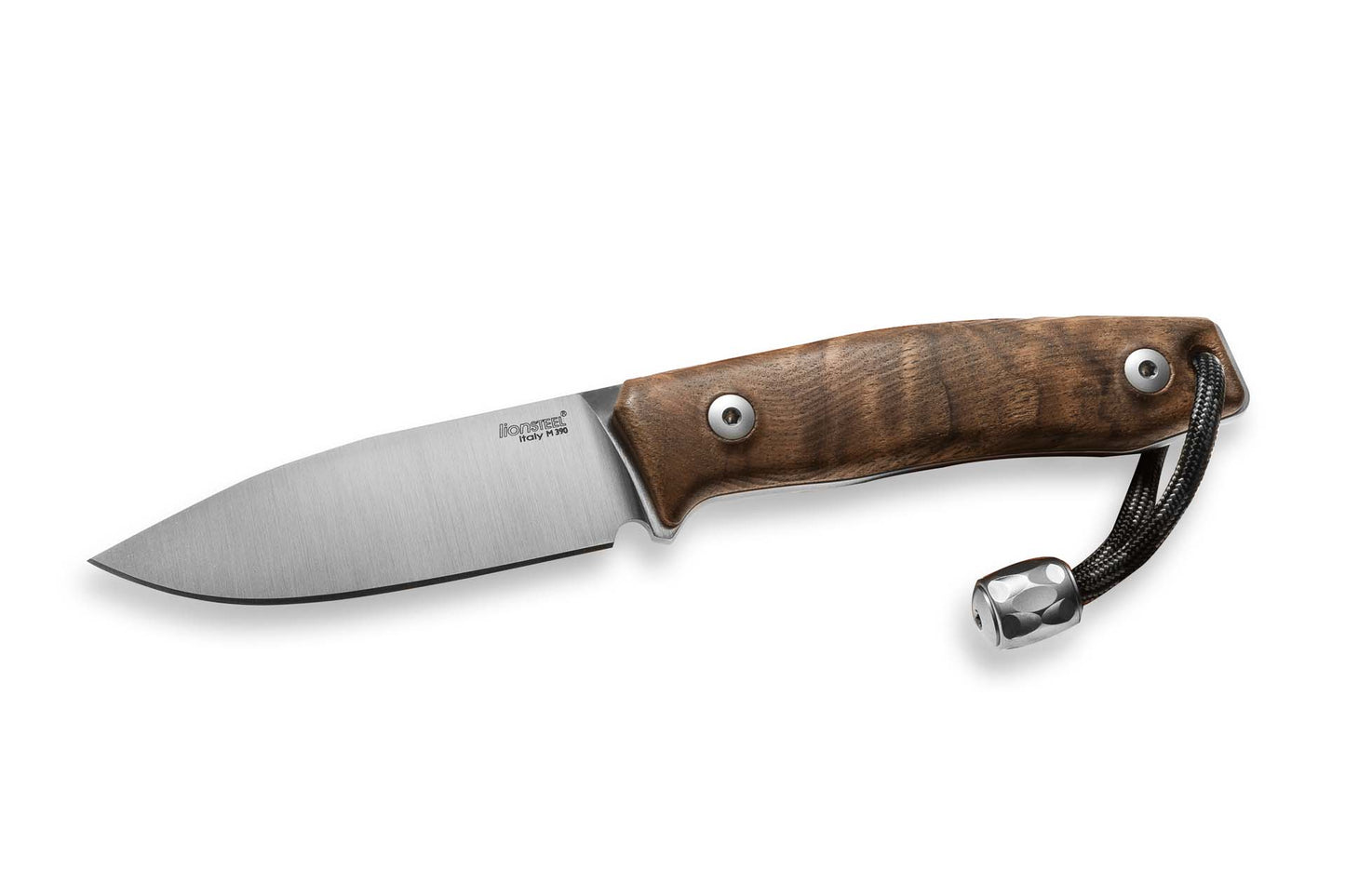 LionSteel M1 2.91" M390 Walnut Wood Fixed Blade Knife with Leather Sheath and Titanium Bead